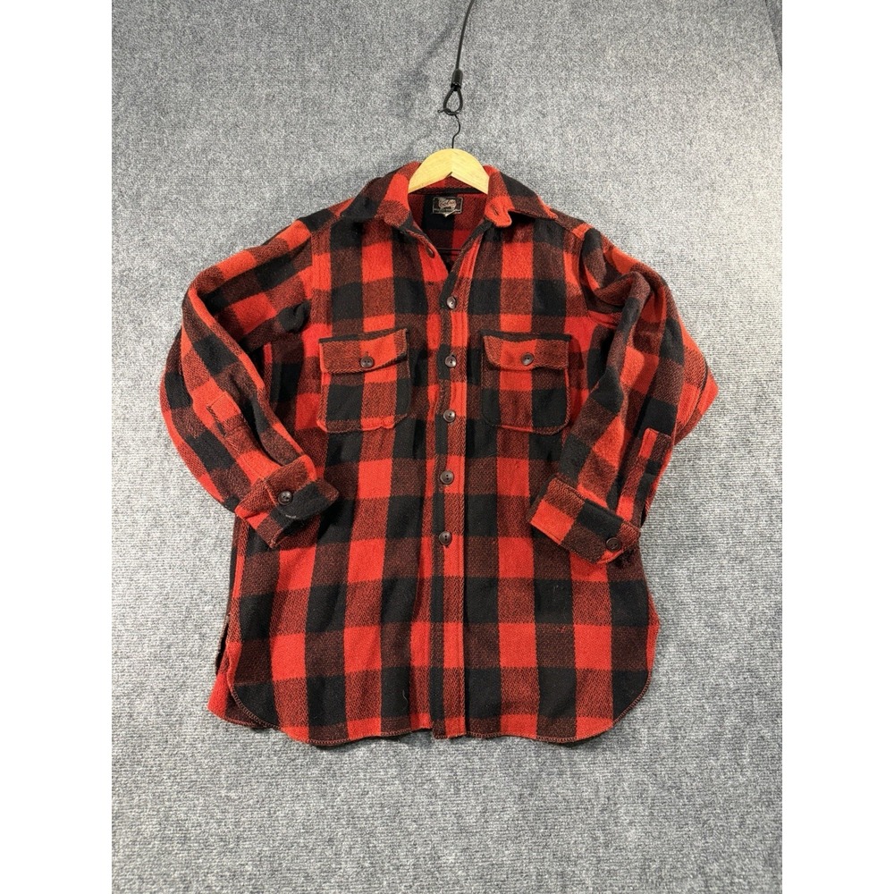 Vintage 1950s Woolrich Buffalo Plaid Wool Hunting Shirt Jacket Size 15 Red Black